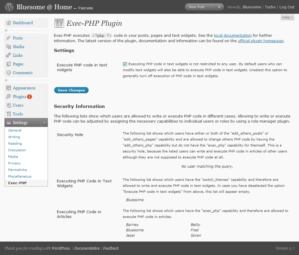 The Exec-PHP configuration menu